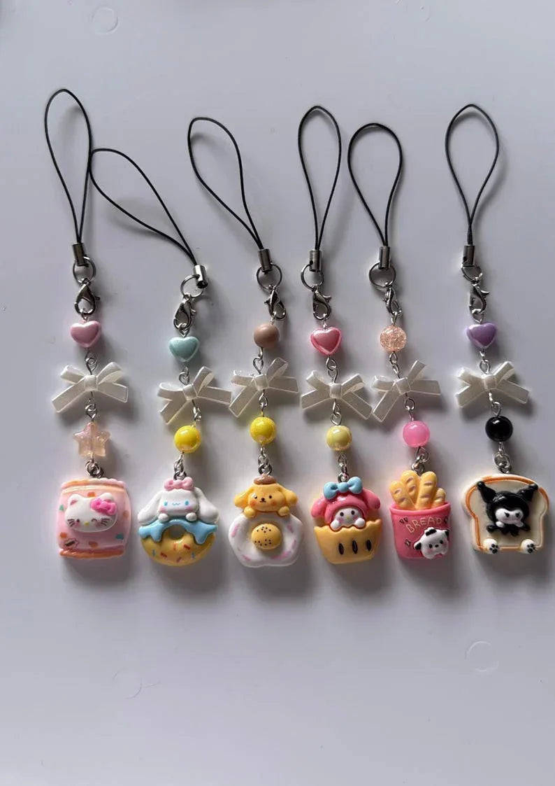 Handmade Cute Sanrio themed food Phone charms, beaded accessories, Hk, My Mld, kuromi, kawaii phone charm Beadsbylillixx