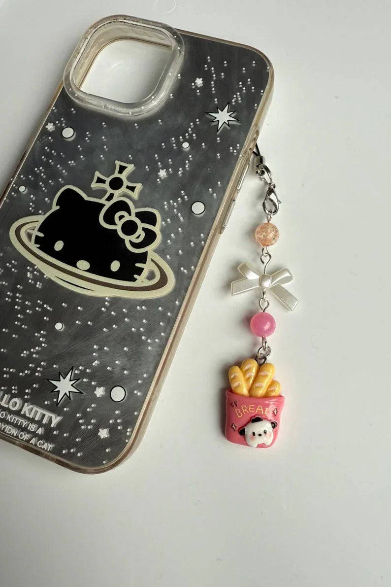 Handmade Cute Sanrio themed food Phone charms, beaded accessories, Hk, My Mld, kuromi, kawaii phone charm Beadsbylillixx