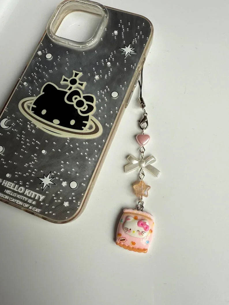 Handmade Cute Sanrio themed food Phone charms, beaded accessories, Hk, My Mld, kuromi, kawaii phone charm Beadsbylillixx