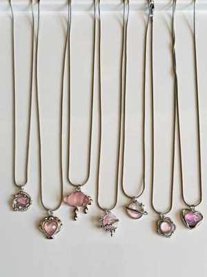 Handmade Fairycore - Whimsical Pink Gem Necklace 18”