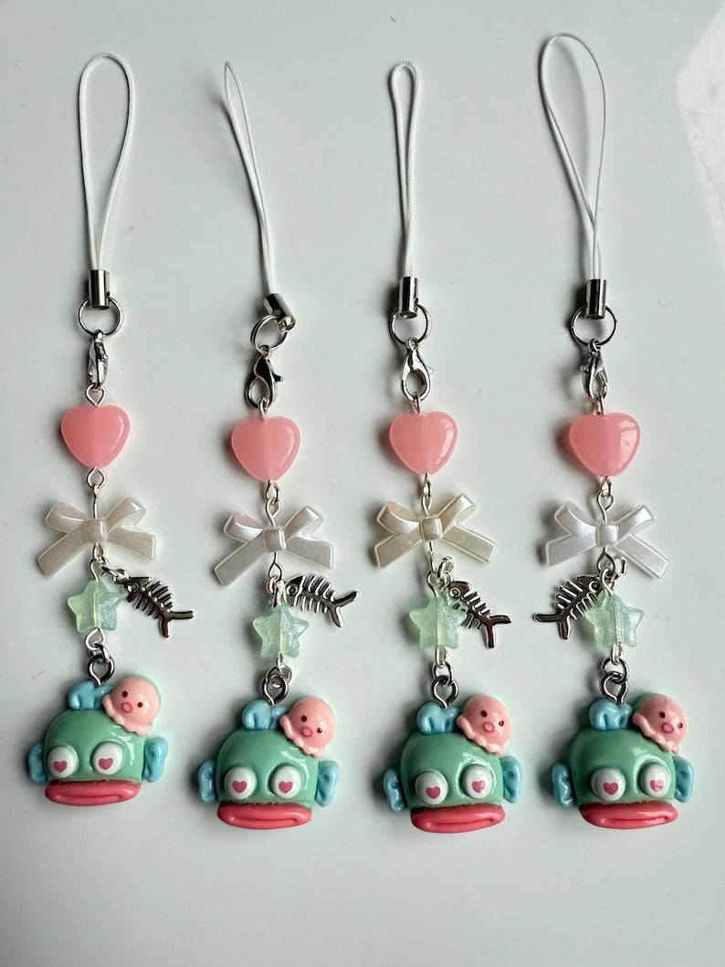 Handmade Hangyodon loved up Phone Charm: Kawaii Beaded Accessory, sanriocore Beadsbylillixx