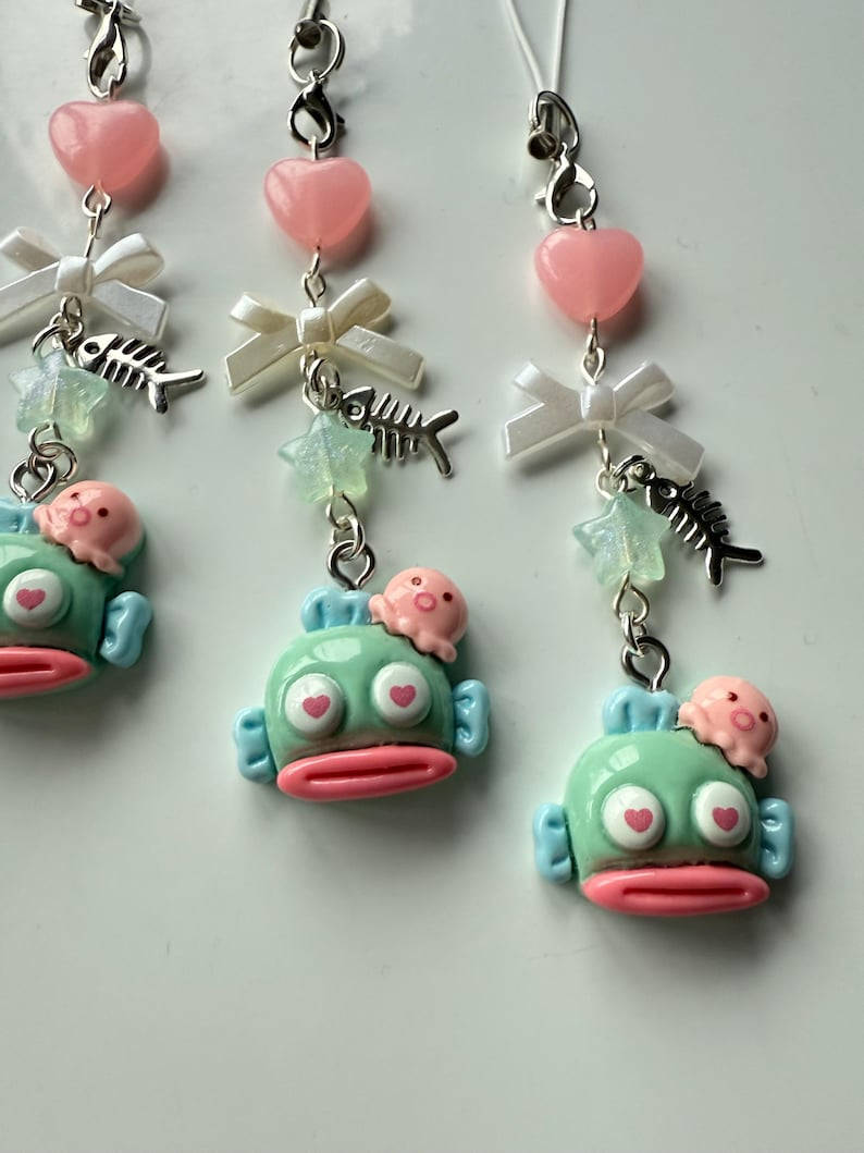 Handmade Hangyodon loved up Phone Charm: Kawaii Beaded Accessory, sanriocore Beadsbylillixx