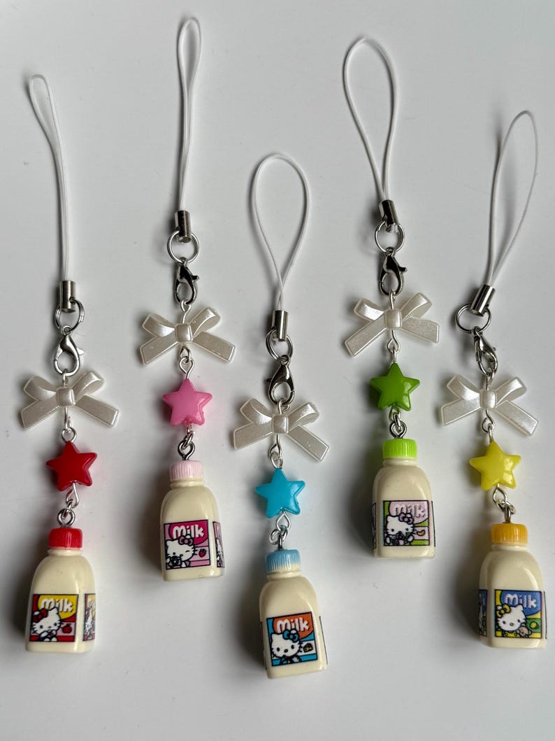 Handmade Hello kitty inspired Milk bottle Phone charms Beadsbylillixx