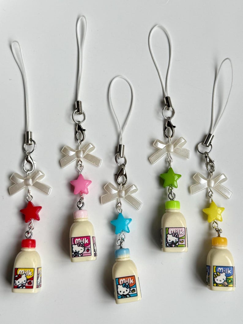 Handmade Hello kitty inspired Milk bottle Phone charms Beadsbylillixx