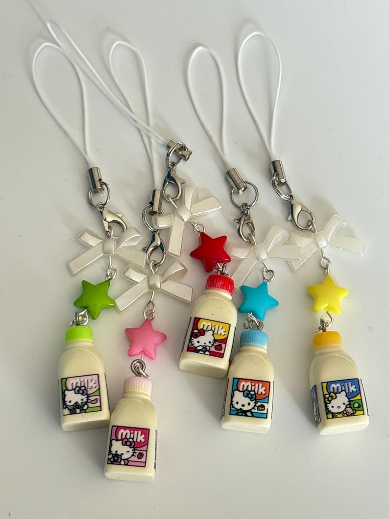 Handmade Hello kitty inspired Milk bottle Phone charms Beadsbylillixx