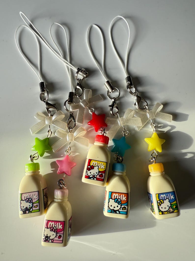 Handmade Hello kitty inspired Milk bottle Phone charms Beadsbylillixx