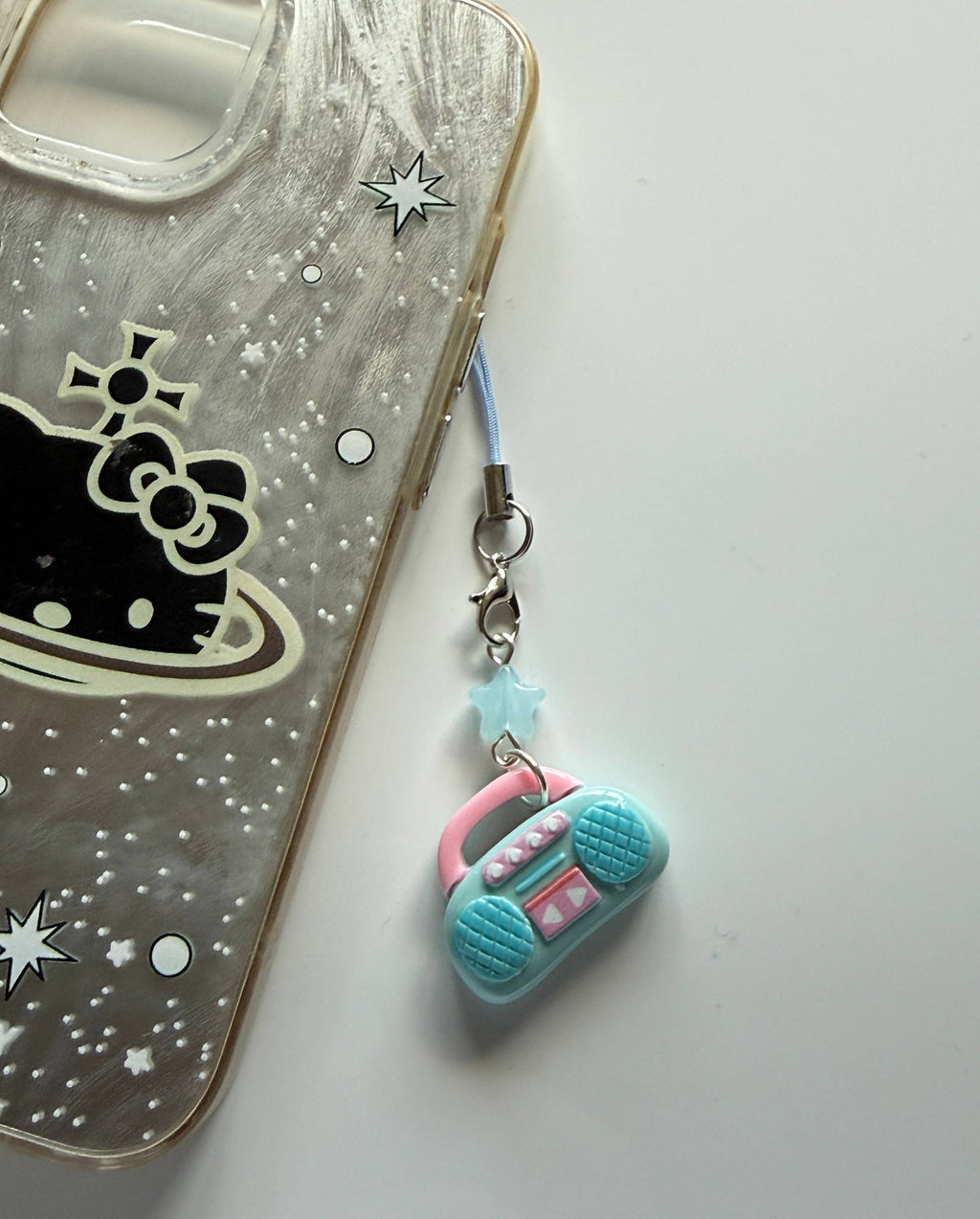 Handmade Kawaii Boombox Phone Charm, Y2K Retro Music charm, Pastel Tech Accessory Beadsbylillixx