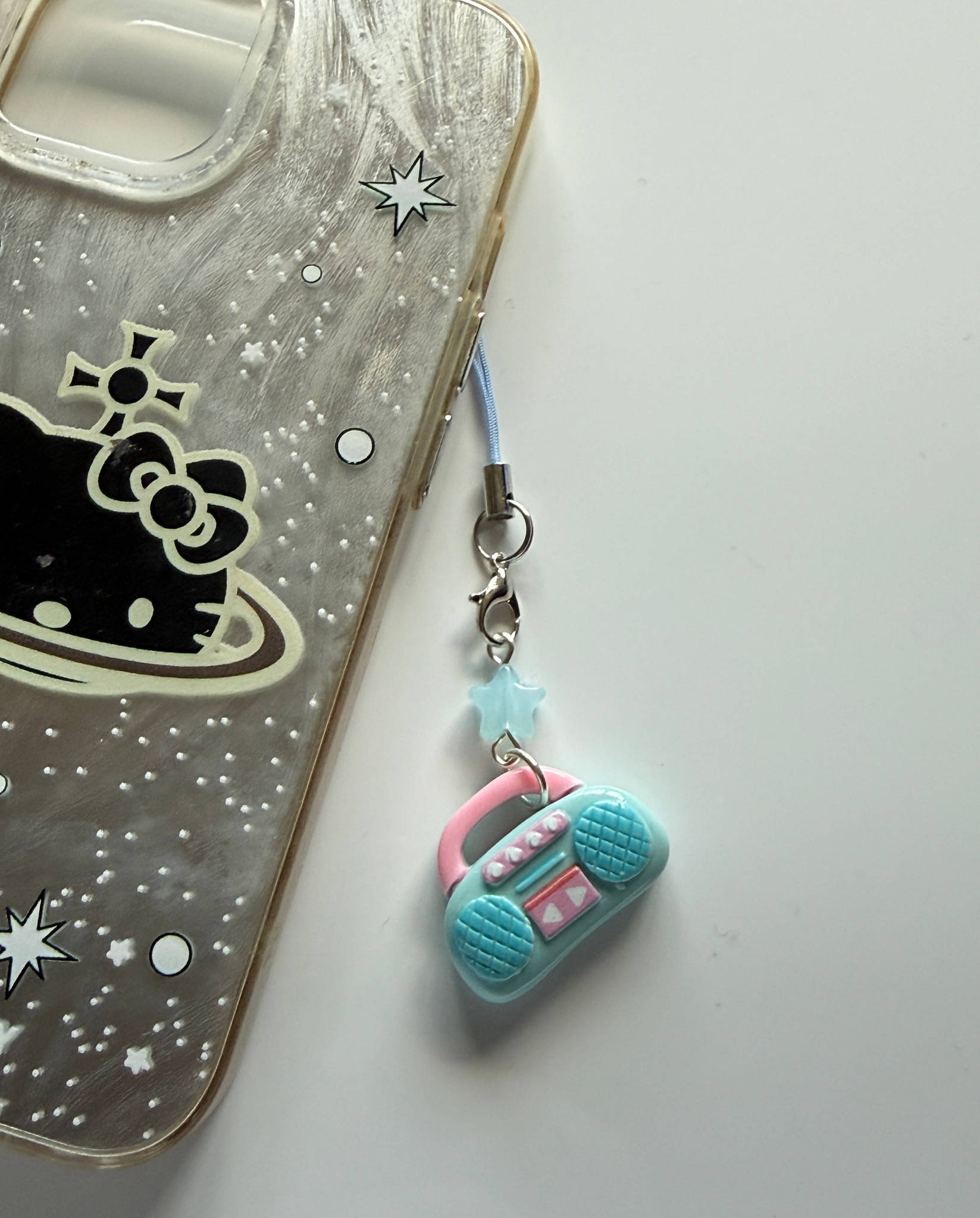 Handmade Kawaii Boombox Phone Charm, Y2K Retro Music charm, Pastel Tech Accessory Beadsbylillixx