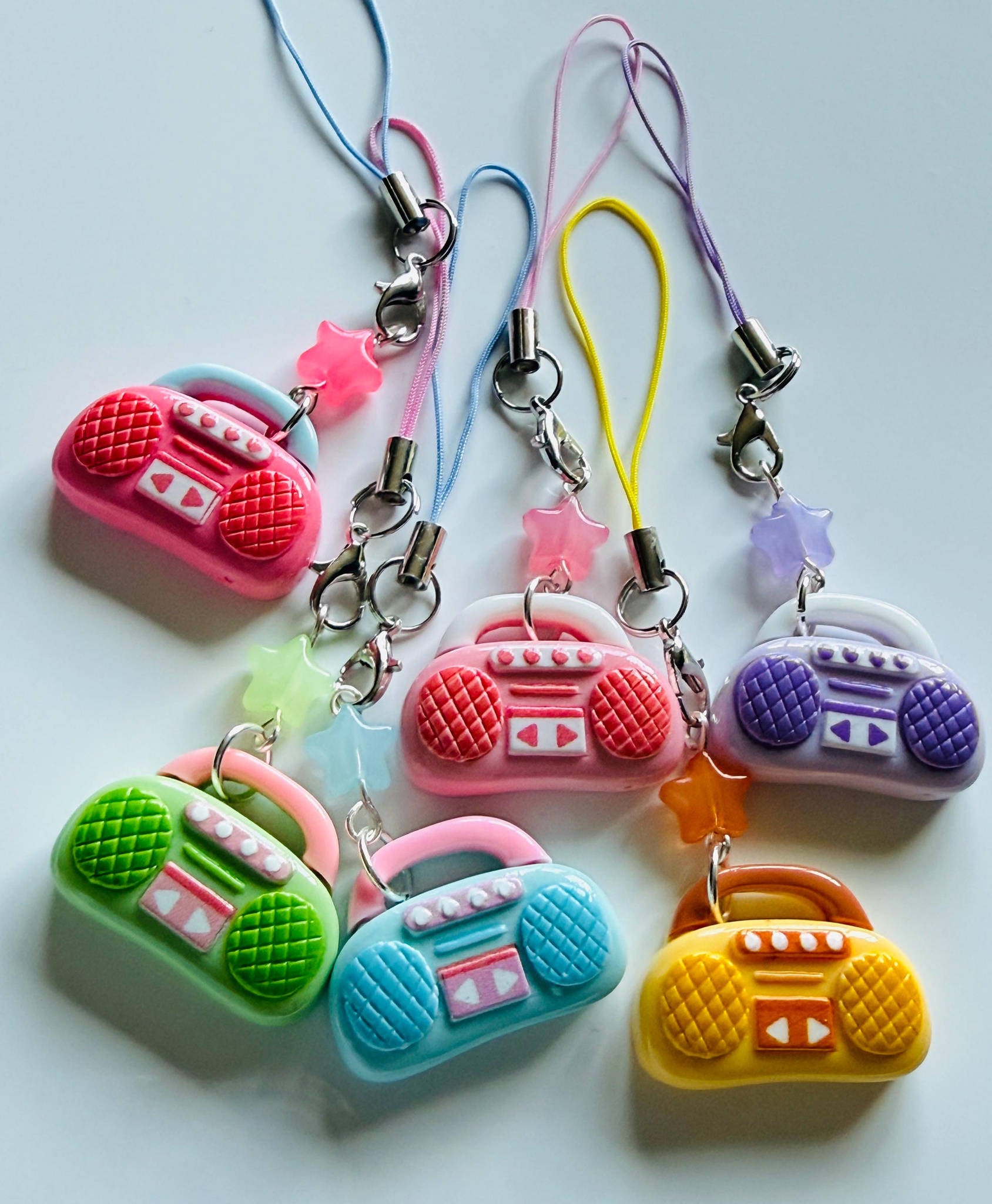 Handmade Kawaii Boombox Phone Charm, Y2K Retro Music charm, Pastel Tech Accessory Beadsbylillixx