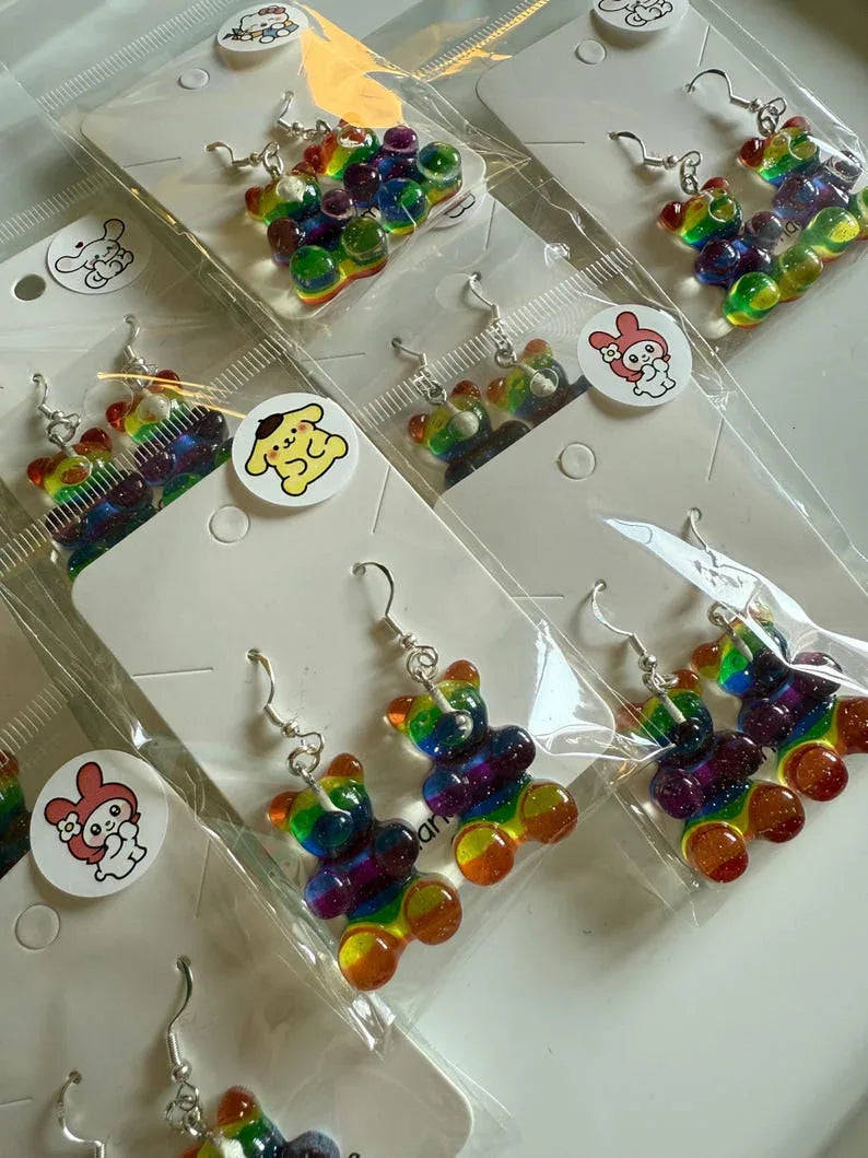 Handmade Kawaii Rainbow Gummy Bear Earrings: Sterling Silver Fish Hook Beadsbylillixx