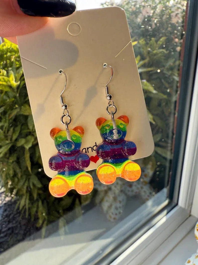 Handmade Kawaii Rainbow Gummy Bear Earrings: Sterling Silver Fish Hook Beadsbylillixx