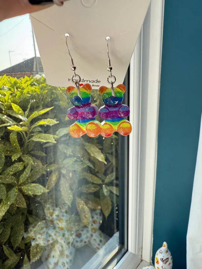 Handmade Kawaii Rainbow Gummy Bear Earrings: Sterling Silver Fish Hook Beadsbylillixx