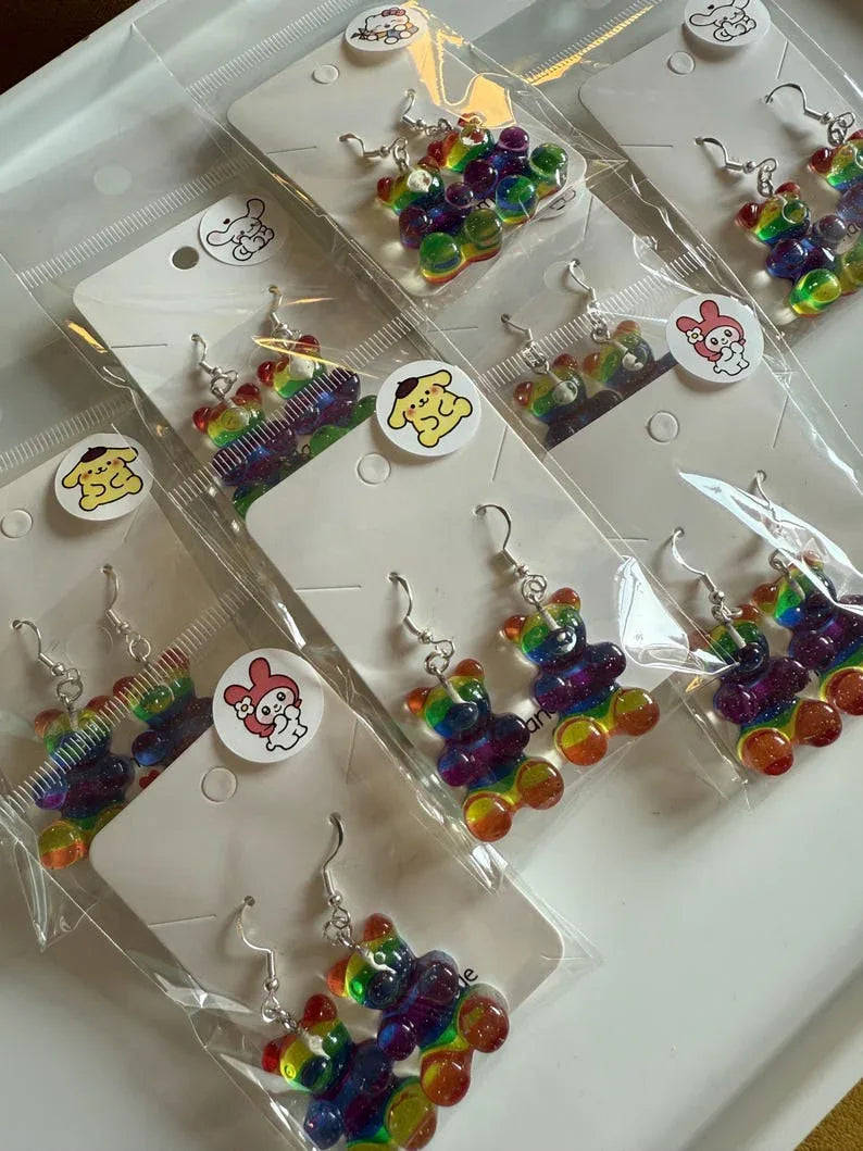 Handmade Kawaii Rainbow Gummy Bear Earrings: Sterling Silver Fish Hook Beadsbylillixx