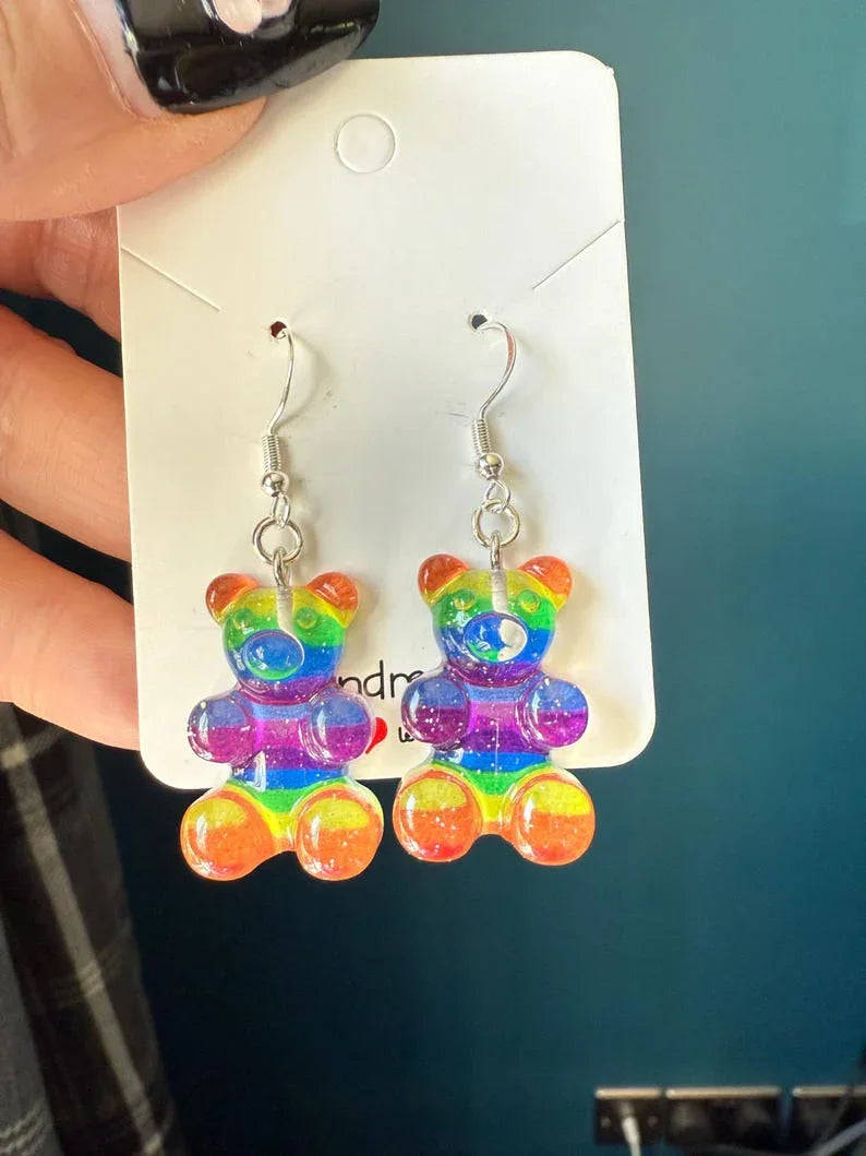 Handmade Kawaii Rainbow Gummy Bear Earrings: Sterling Silver Fish Hook Beadsbylillixx