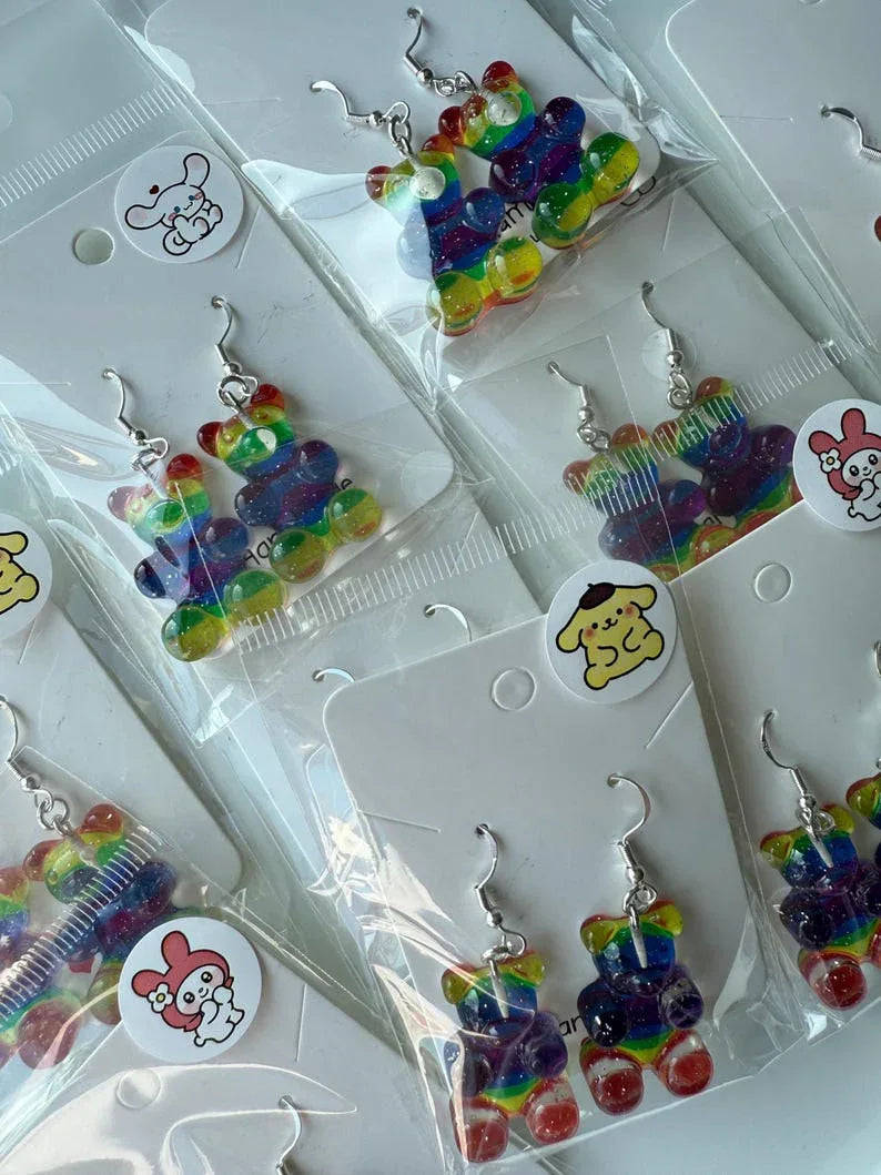 Handmade Kawaii Rainbow Gummy Bear Earrings: Sterling Silver Fish Hook Beadsbylillixx