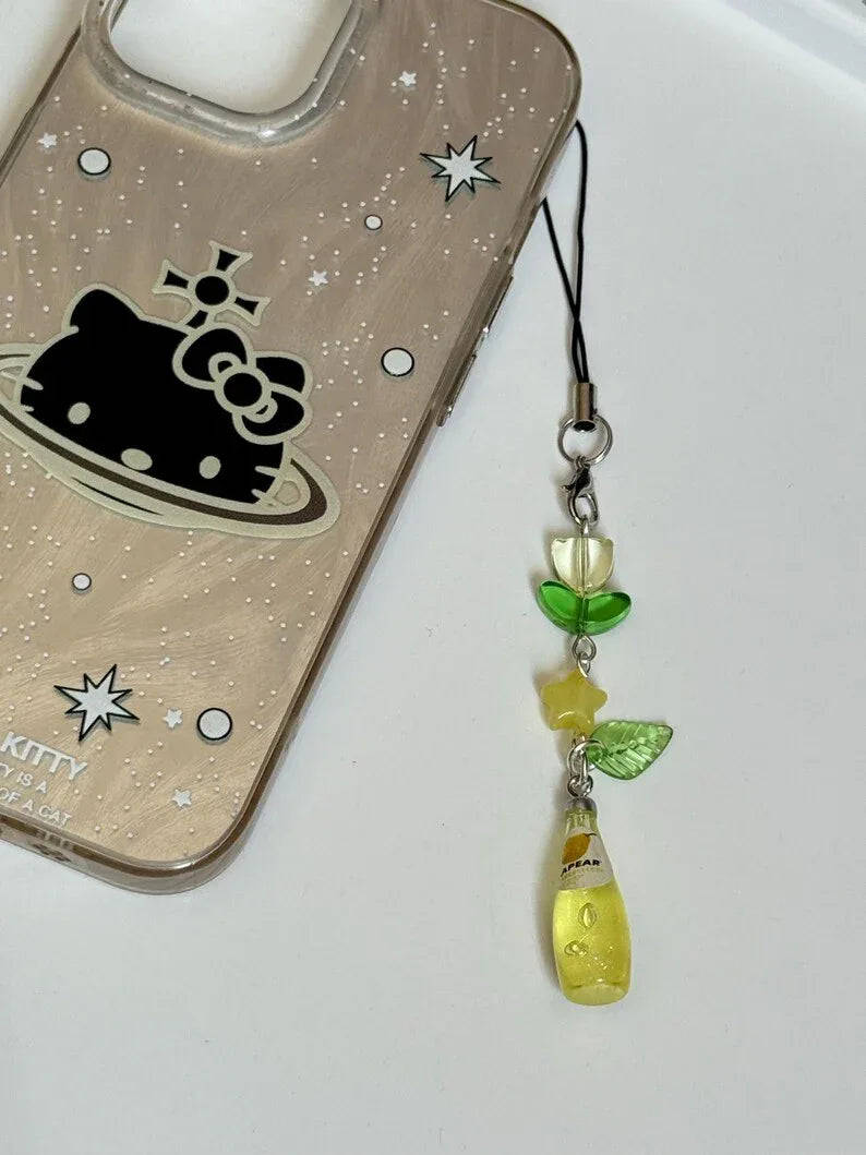 Handmade Kawaii Soda Bottle Phone Charm: Beaded Phone Strap, juice, grape, pear Beadsbylillixx