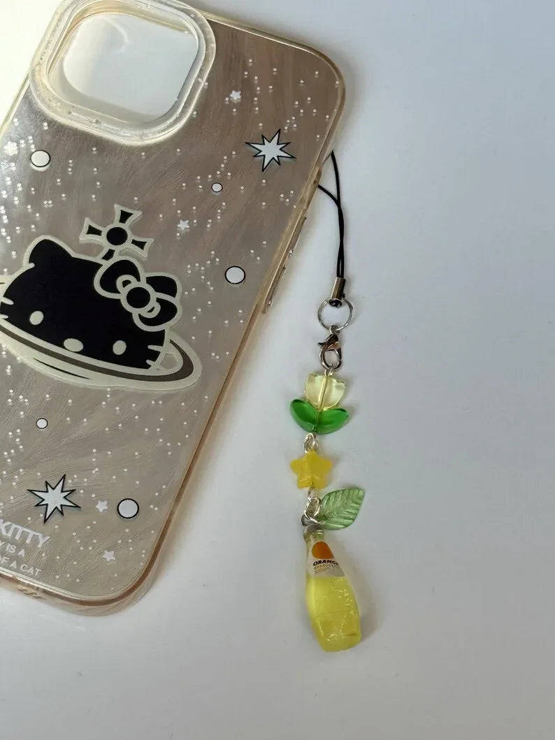 Handmade Kawaii Soda Bottle Phone Charm: Beaded Phone Strap, juice, grape, pear Beadsbylillixx