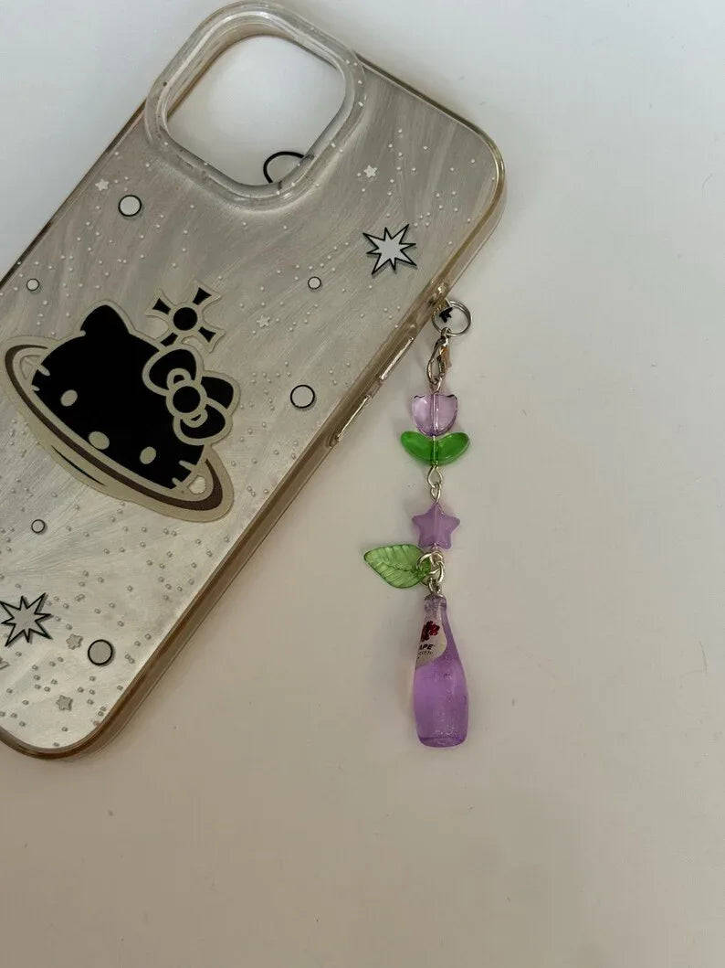 Handmade Kawaii Soda Bottle Phone Charm: Beaded Phone Strap, juice, grape, pear Beadsbylillixx