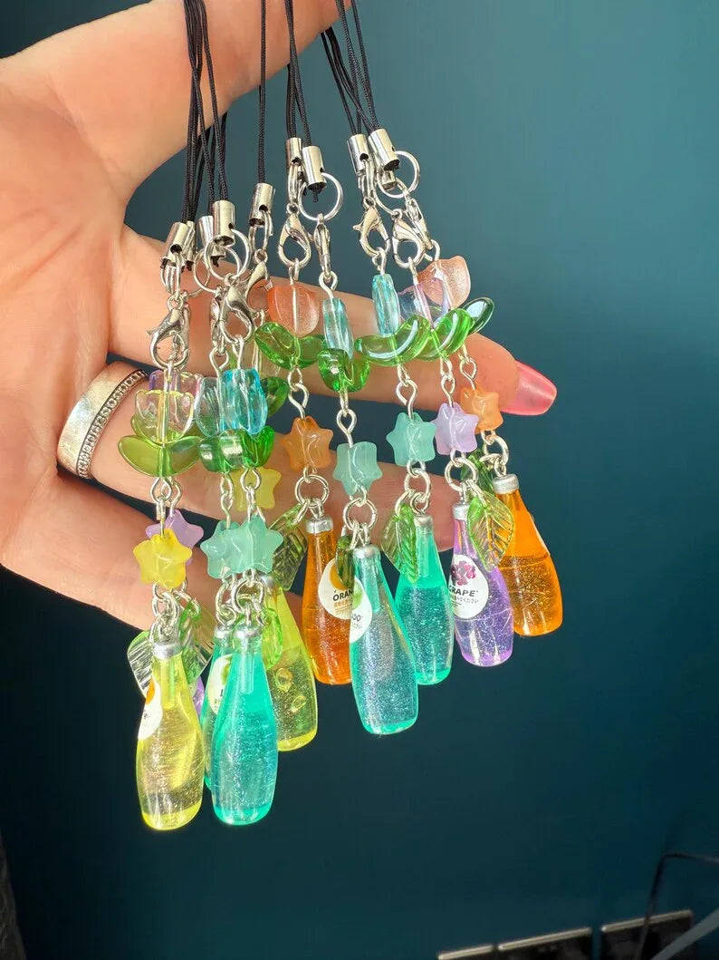 Handmade Kawaii Soda Bottle Phone Charm: Beaded Phone Strap, juice, grape, pear Beadsbylillixx