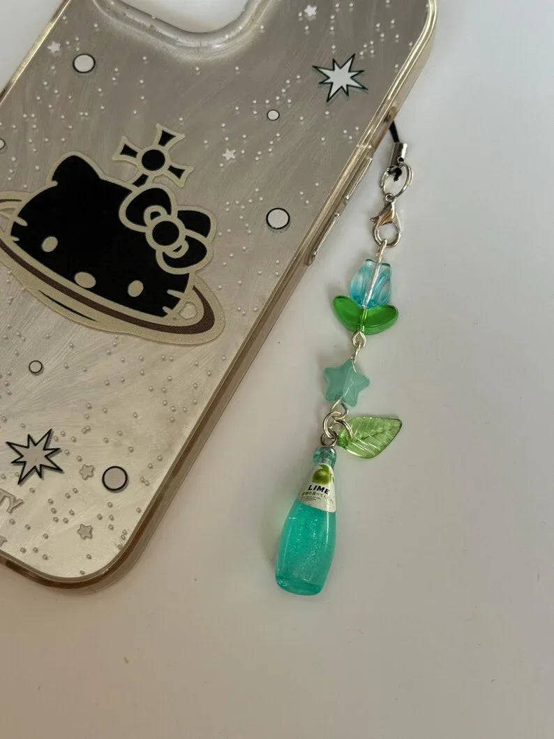 Handmade Kawaii Soda Bottle Phone Charm: Beaded Phone Strap, juice, grape, pear Beadsbylillixx