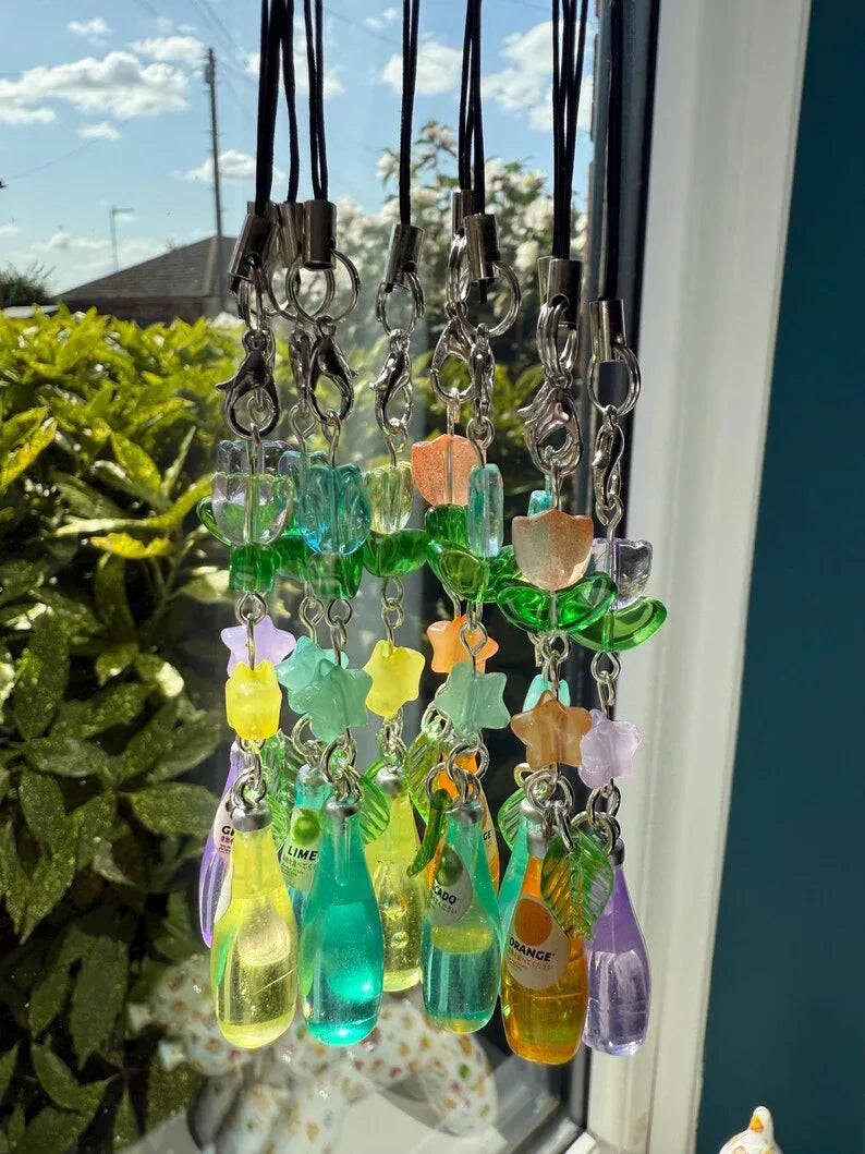 Handmade Kawaii Soda Bottle Phone Charm: Beaded Phone Strap, juice, grape, pear Beadsbylillixx