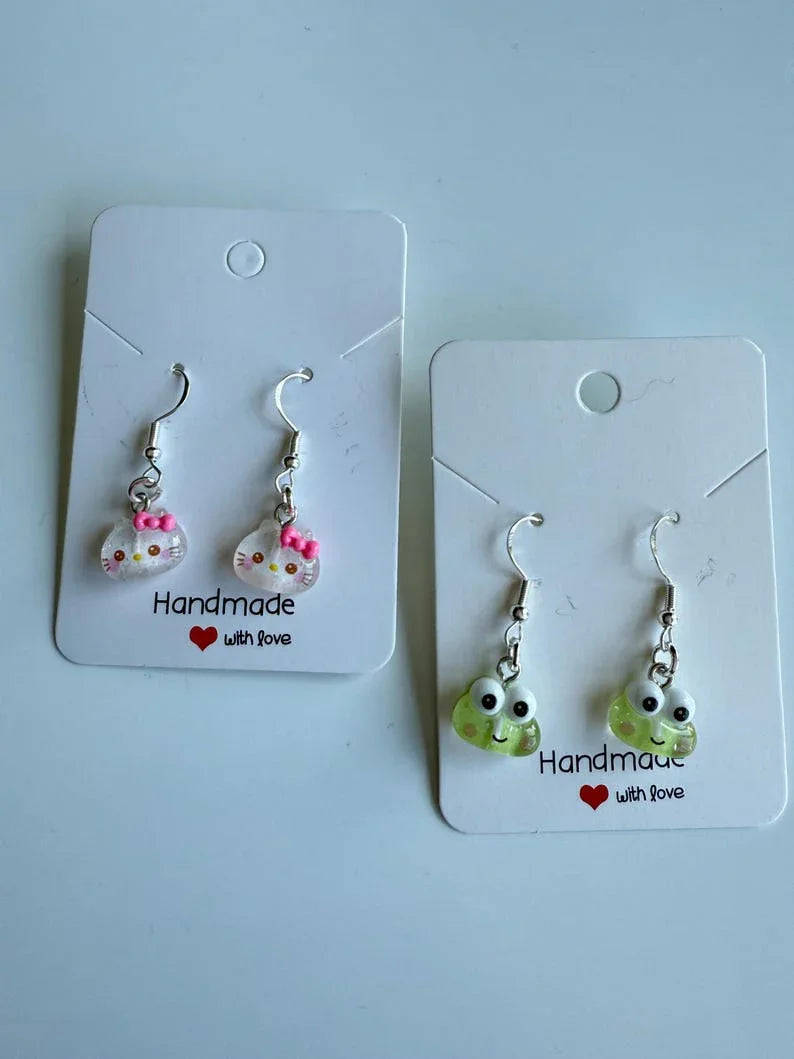 Handmade Mini Sanrio Themed Sterling Silver Earrings, Fish hook, cutecore, hello kitty and keroppi Beadsbylillixx