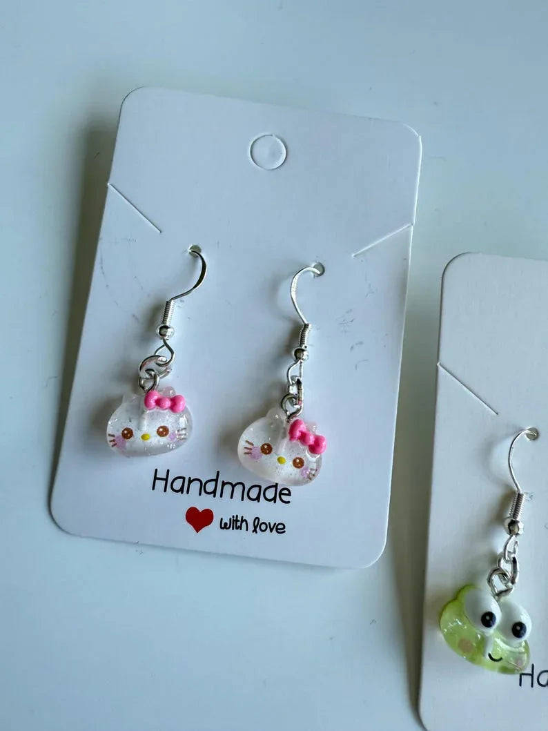 Handmade Mini Sanrio Themed Sterling Silver Earrings, Fish hook, cutecore, hello kitty and keroppi Beadsbylillixx