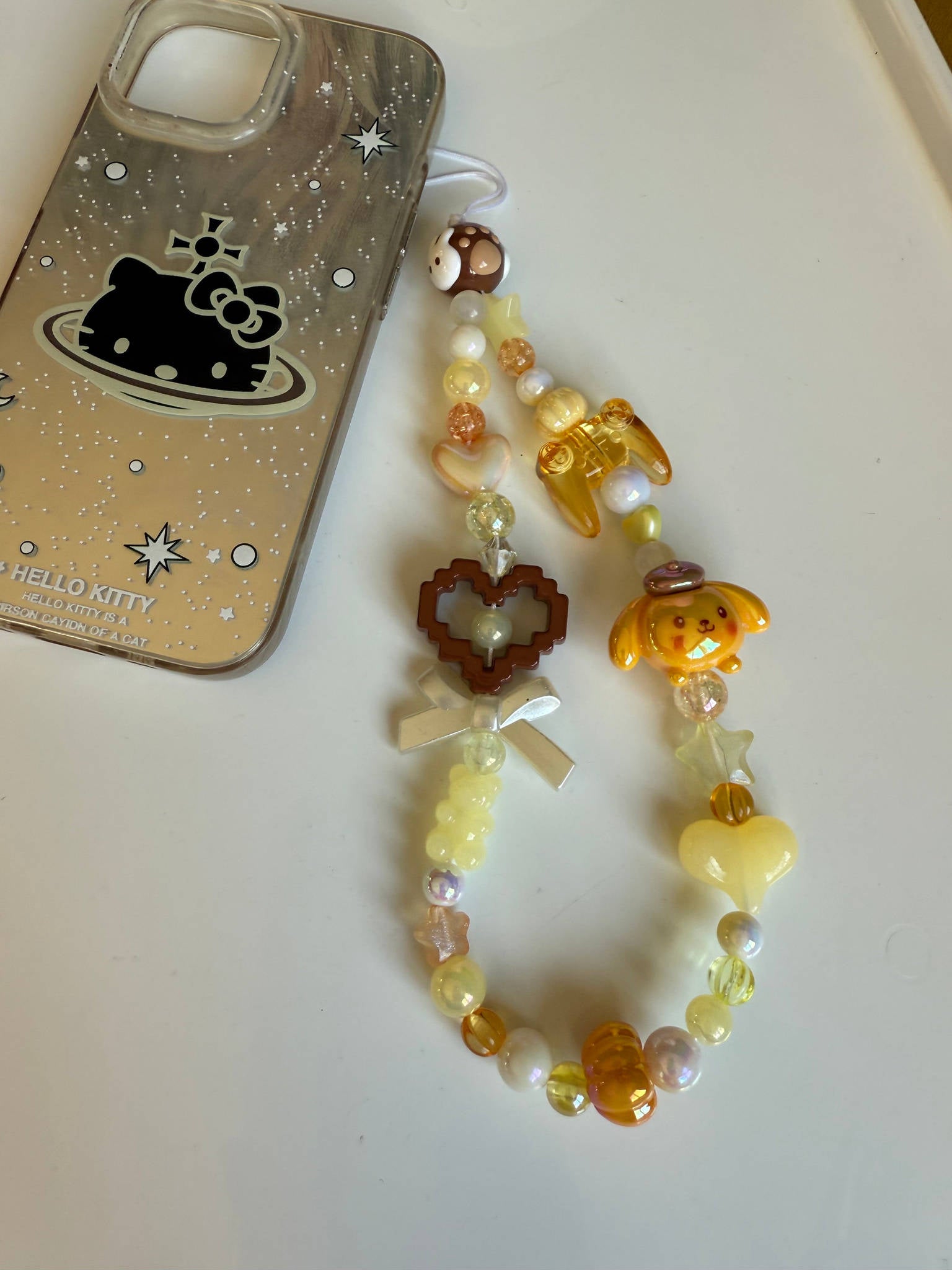 Handmade Pompompurin Pixel Heart Phone Charm – Kawaii Yellow Beaded Y2K Phone Strap, Cute Sanrio Inspired Mobile Accessory Beadsbylillixx