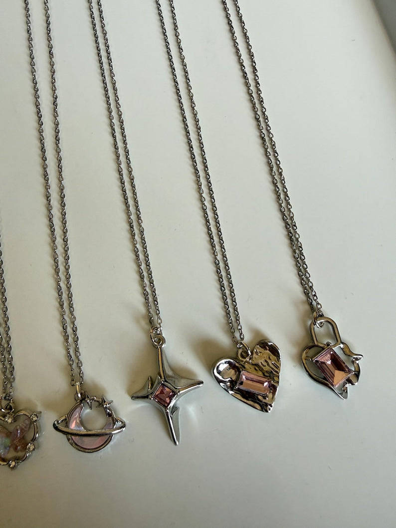 Handmade Whimsical Pink Gem Necklace 17” Beadsbylillixx