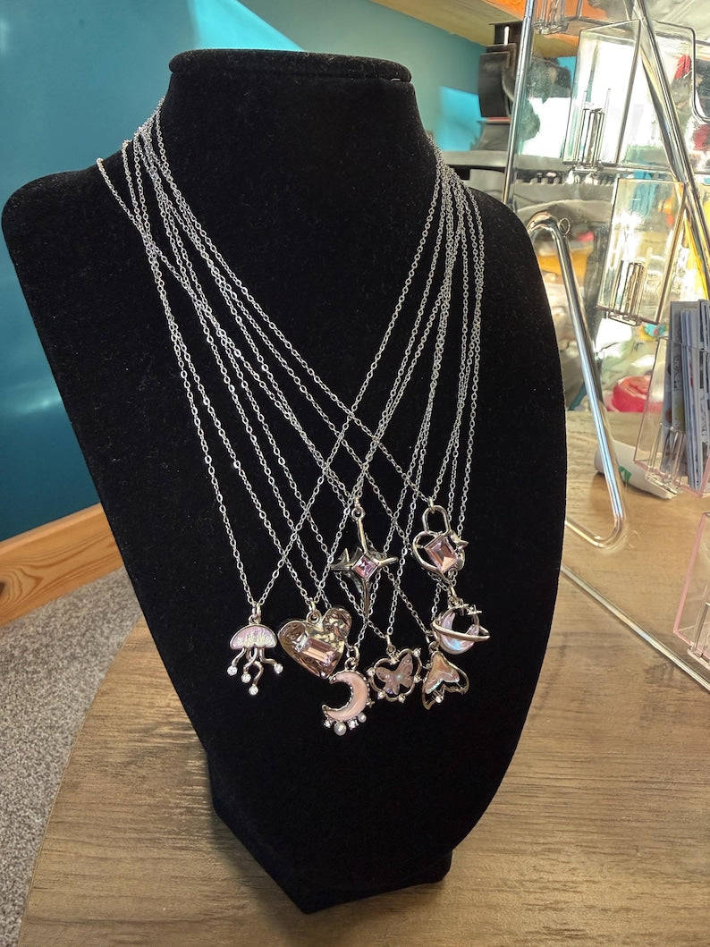 Handmade Whimsical Pink Gem Necklace 17” Beadsbylillixx