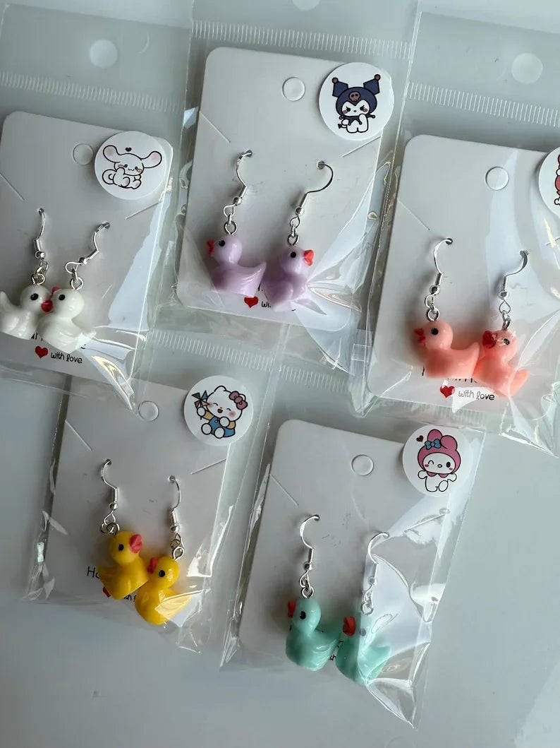 Handmade Y2K Duck Earrings: Sterling Silver Fish Hook Charms Beadsbylillixx