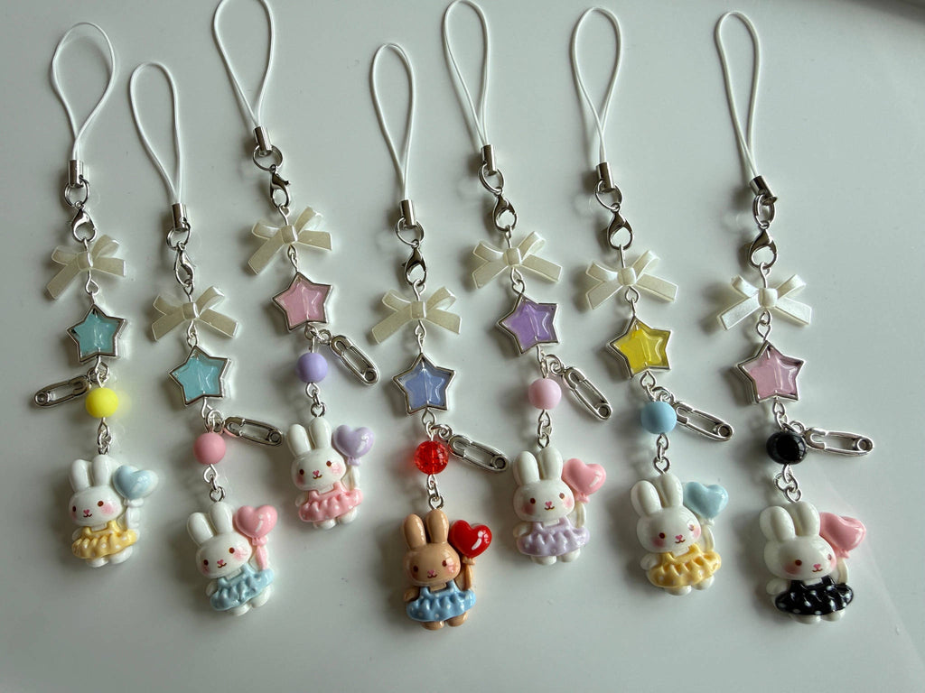 Kawaii Bunny Star Charm Phone Charm – Pastel Beaded Phone Strap, Cute Rabbit Bag Charm, Y2K Fairy Kei Accessories Beadsbylillixx