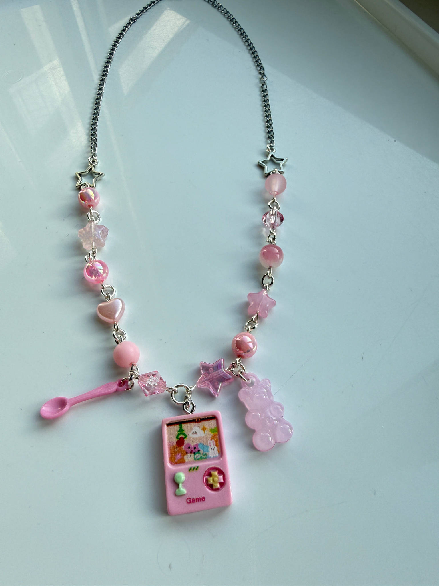 Kawaii Gamer Girl Pink Necklace, Pastel Y2K Charm Necklace, Cute Beaded Jewellery, Retro Game Console Pendant Beadsbylillixx