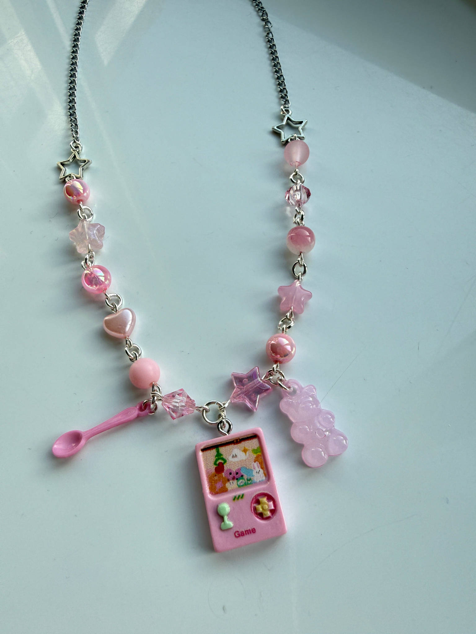 Kawaii Gamer Girl Pink Necklace, Pastel Y2K Charm Necklace, Cute Beaded Jewellery, Retro Game Console Pendant Beadsbylillixx