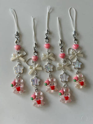Kawaii Strawberry Bunny Phone Charm: Handmade Cutecore Accessory