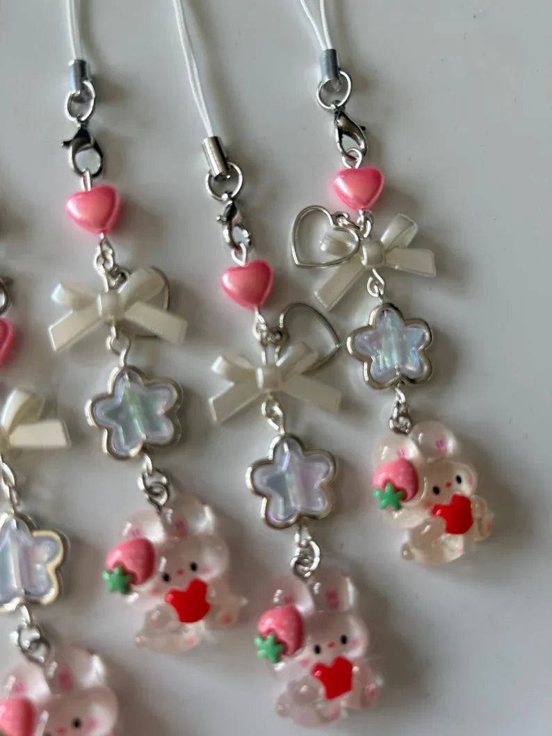 Kawaii Strawberry Bunny Phone Charm: Handmade Cutecore Accessory Beadsbylillixx