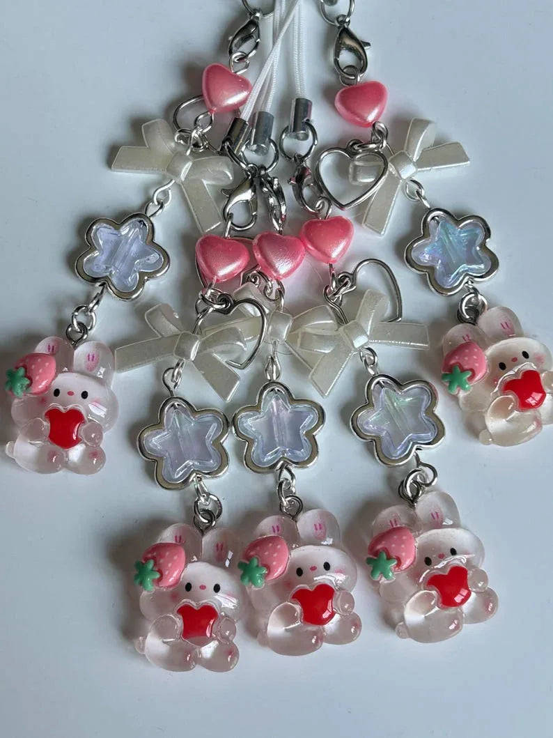 Kawaii Strawberry Bunny Phone Charm: Handmade Cutecore Accessory Beadsbylillixx
