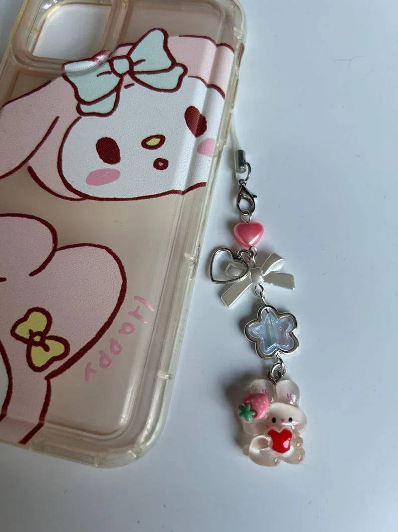 Kawaii Strawberry Bunny Phone Charm: Handmade Cutecore Accessory Beadsbylillixx