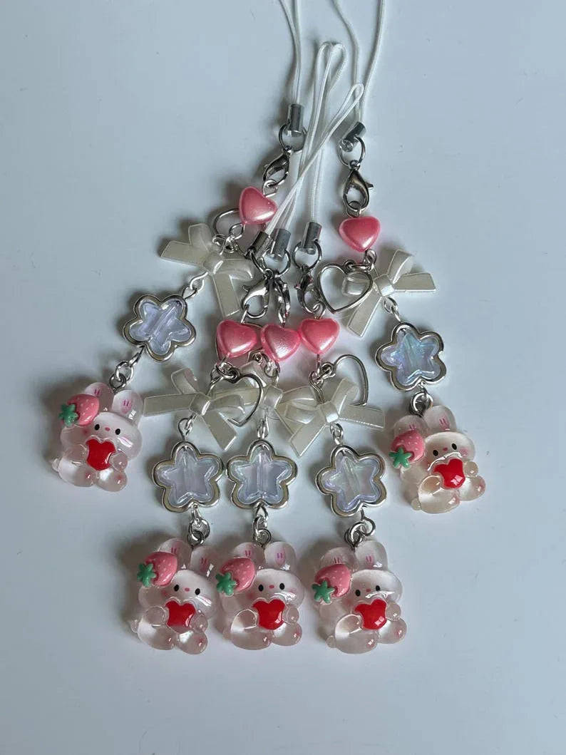 Kawaii Strawberry Bunny Phone Charm: Handmade Cutecore Accessory Beadsbylillixx