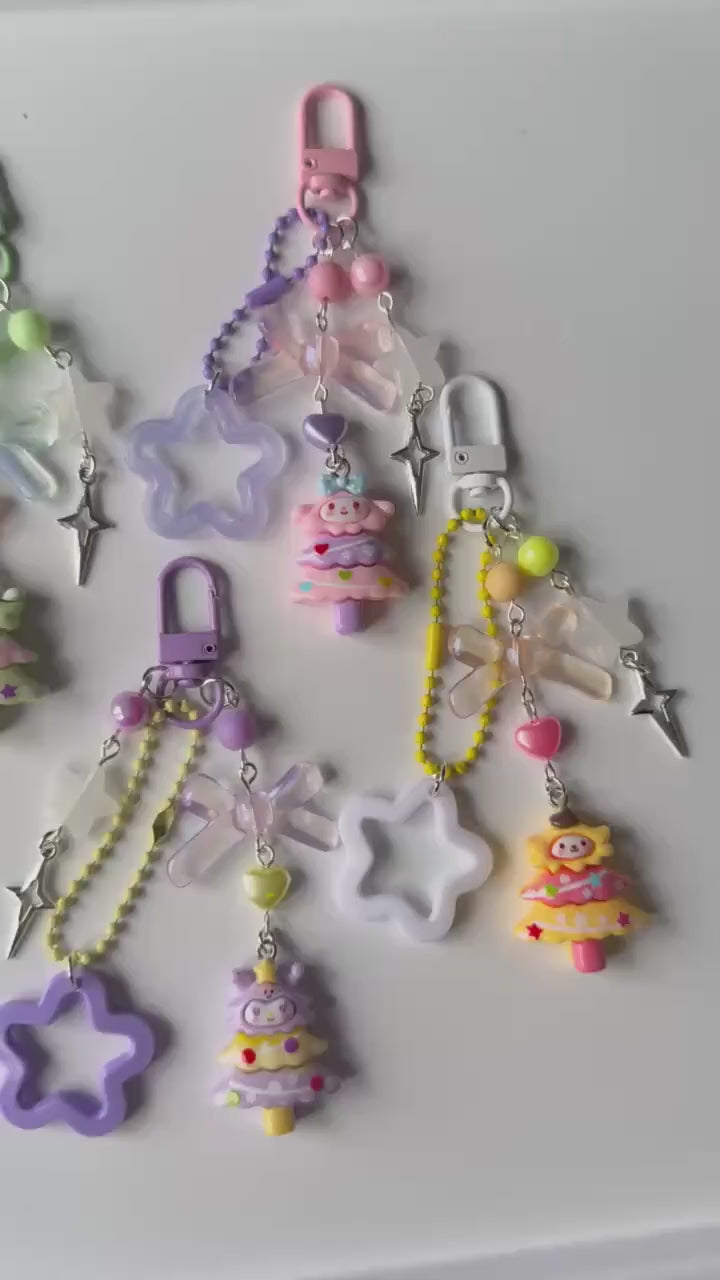 Super Cute Handmade Kawaii sanrio inspired Christmas Tree Keychains, beaded keyring, sanriocore