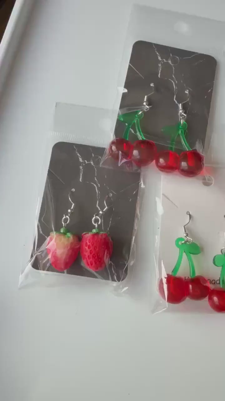 Handmade Cute Strawberry & Cherry Sterling Silver Earrings