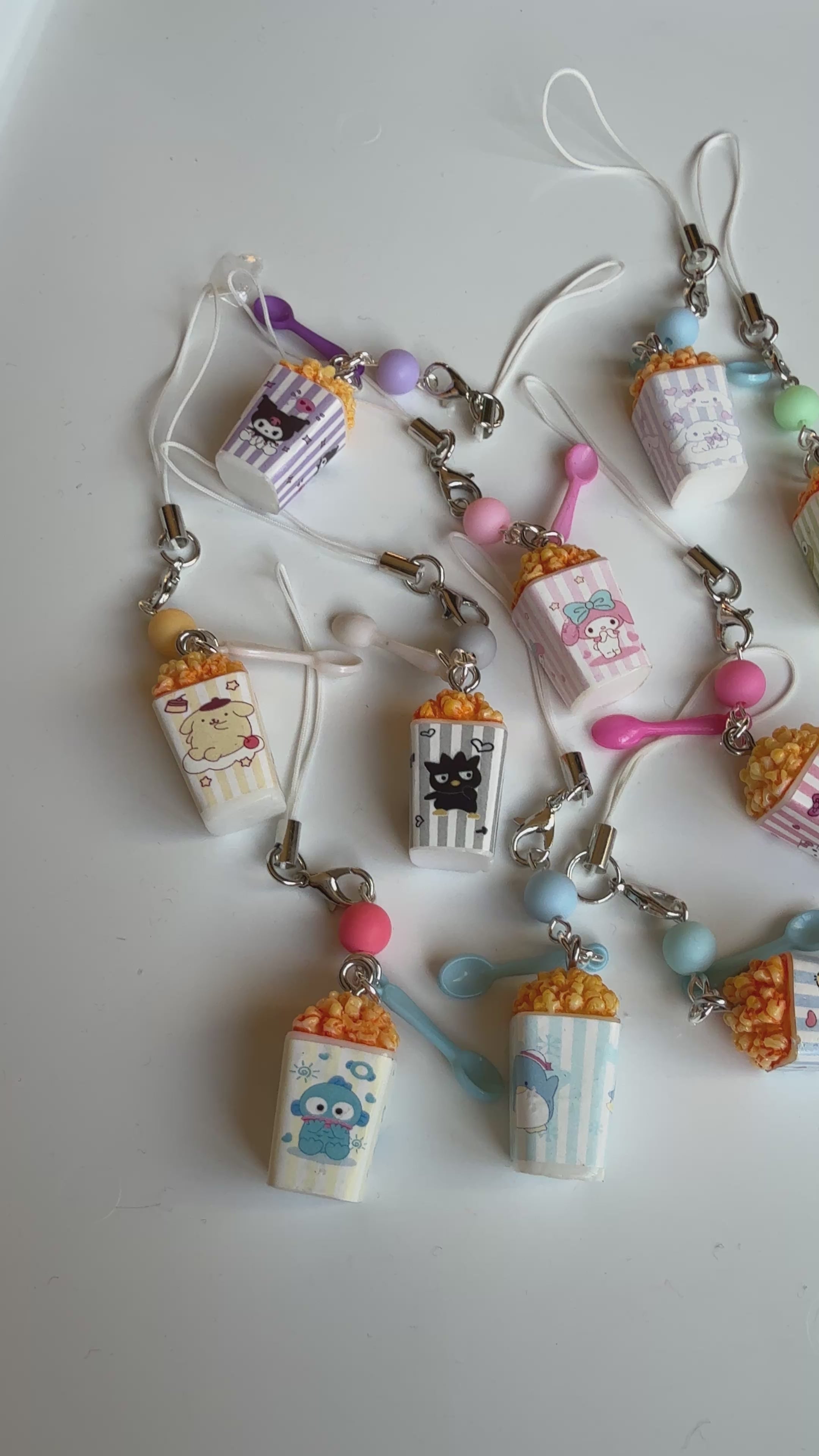 Sanrio Inspired Popcorn Phone Charms – Kuromi, Hello Kitty, Keroppi, Cinnamoroll Kawaii Popcorn Keychains, Cute Anime Bag Charm