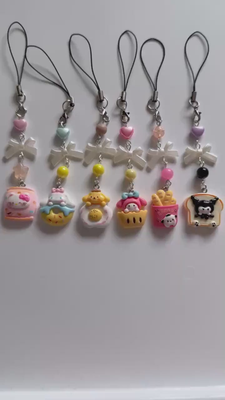 HANDMADE Cute Sanrio themed food Phone charms, beaded accessories, Hk, My Mld, kuromi, kawaii phone charm