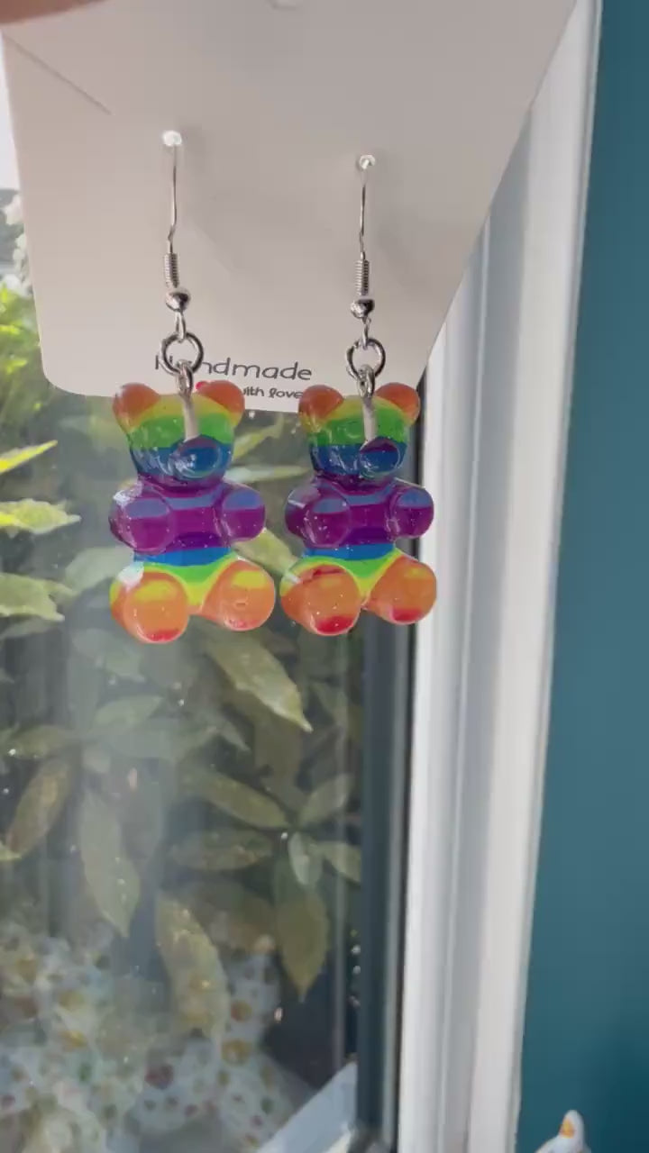 Handmade Kawaii Rainbow Gummy Bear Earrings: Sterling Silver Fish Hook