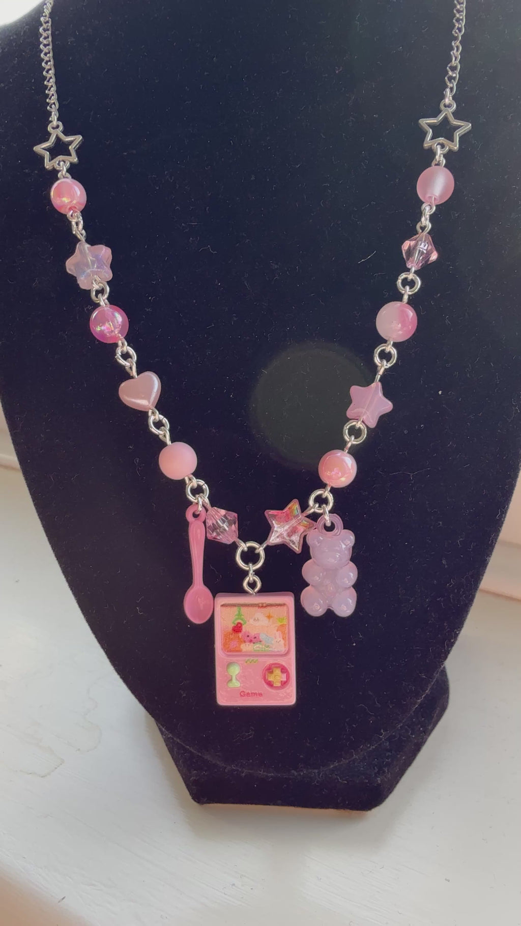 Kawaii Gamer Girl Pink Necklace, Pastel Y2K Charm Necklace, Cute Beaded Jewellery, Retro Game Console Pendant