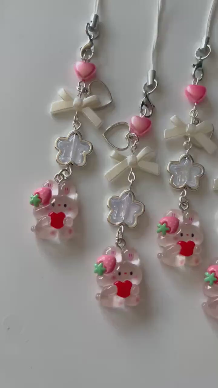 Kawaii Strawberry Bunny Phone Charm: Handmade Cutecore Accessory
