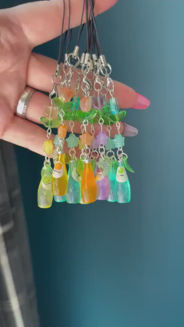 Handmade Kawaii Soda Bottle Phone Charm: Beaded Phone Strap, juice, grape, pear