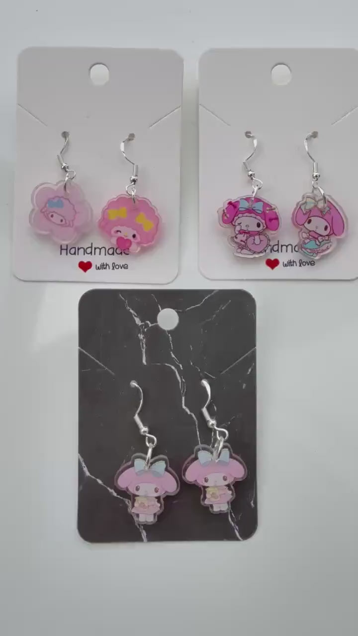 Handmade Cute Sanrio Themed My Melody and My sweet piano Sterling Silver Earrings