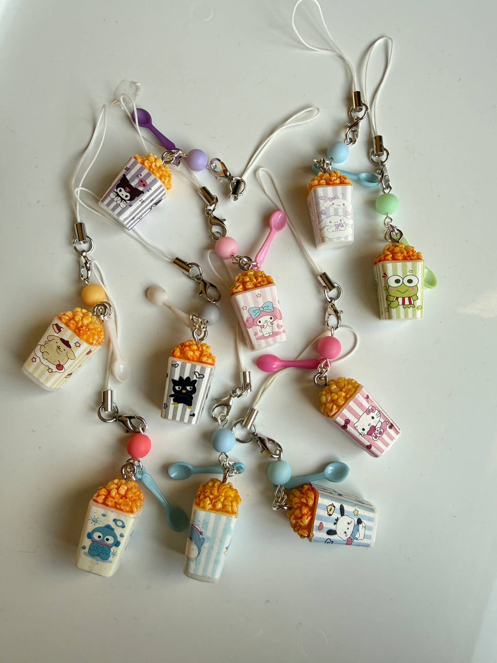 Sanrio Inspired Popcorn Phone Charms – Kuromi, Hello Kitty, Keroppi, Cinnamoroll Kawaii Popcorn Keychains, Cute Anime Bag Charm Beadsbylillixx