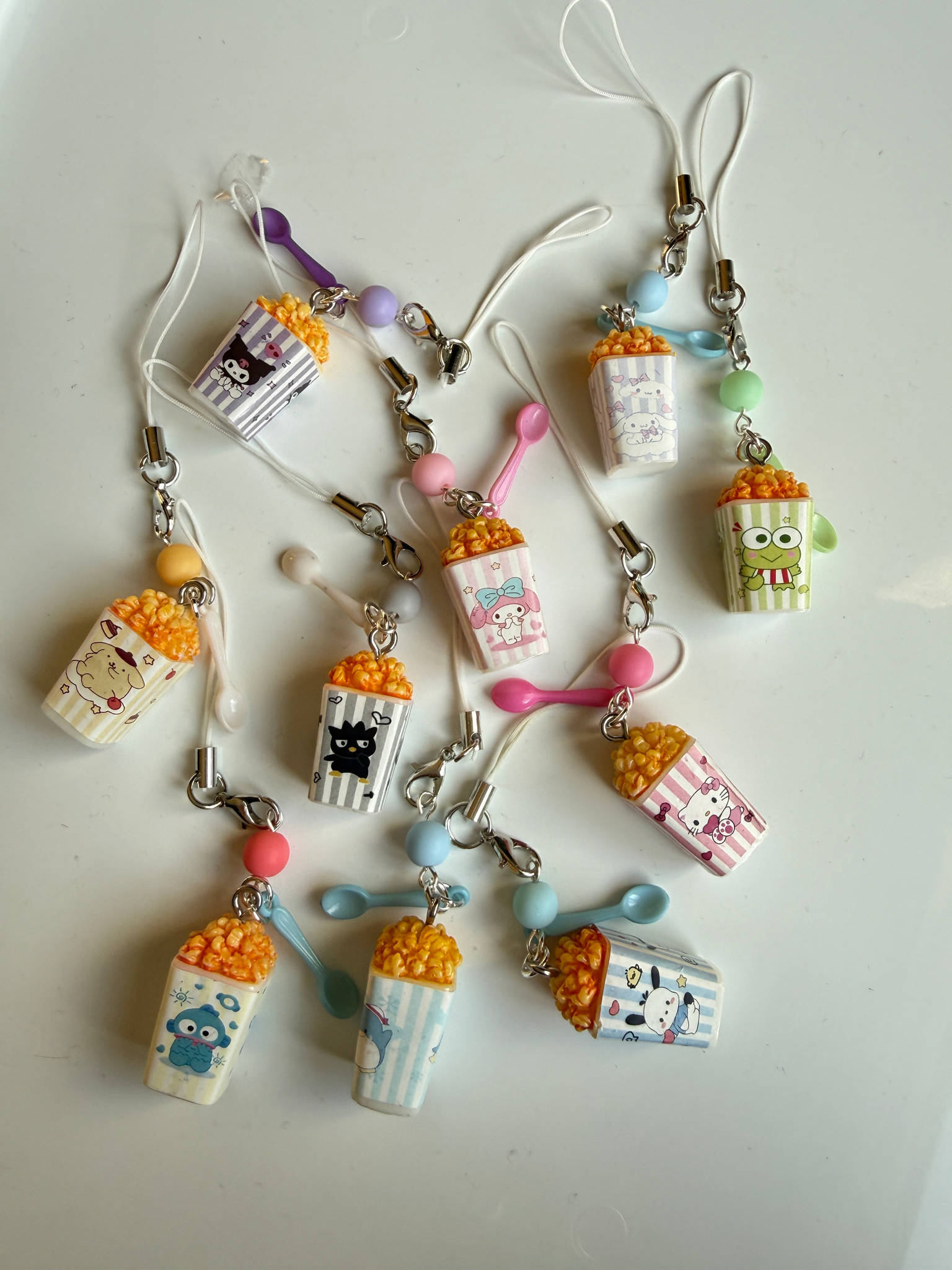 Sanrio Inspired Popcorn Phone Charms – Kuromi, Hello Kitty, Keroppi, Cinnamoroll Kawaii Popcorn Keychains, Cute Anime Bag Charm Beadsbylillixx